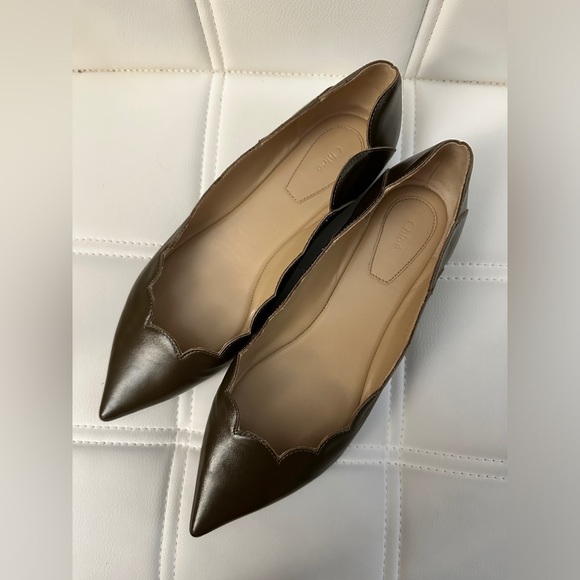 Chloe Scalloped Cacao/Olive Leather Pointy Flats size 7